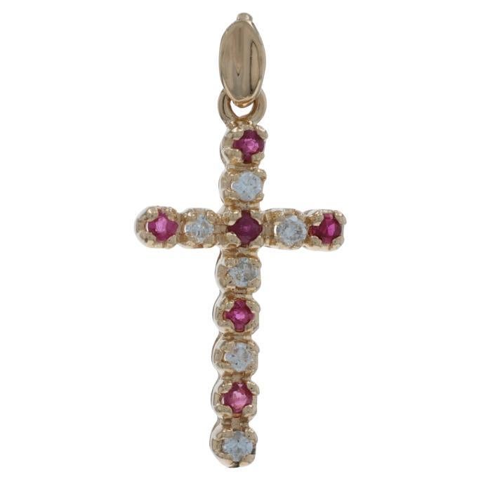 Yellow Gold Diamond Ruby Cross Pendant - 14k Round Brilliant .39ctw Faith