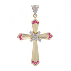 Yellow Gold Diamond Ruby Cross Pendant - 14k Round Brilliant .60ctw Faith