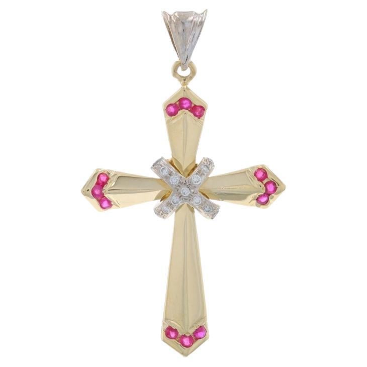 Yellow Gold Diamond Ruby Cross Pendant - 14k Round Brilliant .60ctw Faith