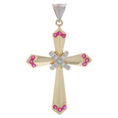 Yellow Gold Diamond Ruby Cross Pendant - 14k Round Brilliant .60ctw Faith