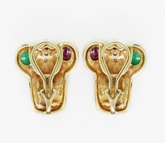 Yellow Gold Diamond Ruby Emerald Earclip Earrings 18 Karat Yellow Gold