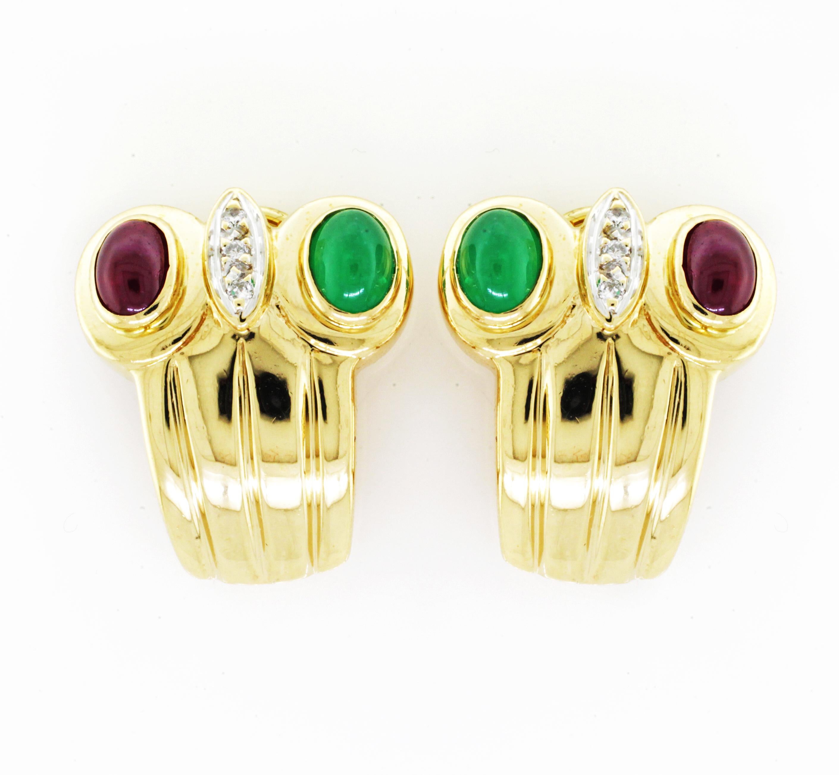 Yellow Gold Diamond Ruby Emerald Earclip Earrings 18 Karat Yellow Gold In Good Condition For Sale In New York, NY
