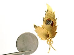 Yellow Gold Diamond & Ruby Enamel Work Textured Leaf Rooster Head Pin Brooch