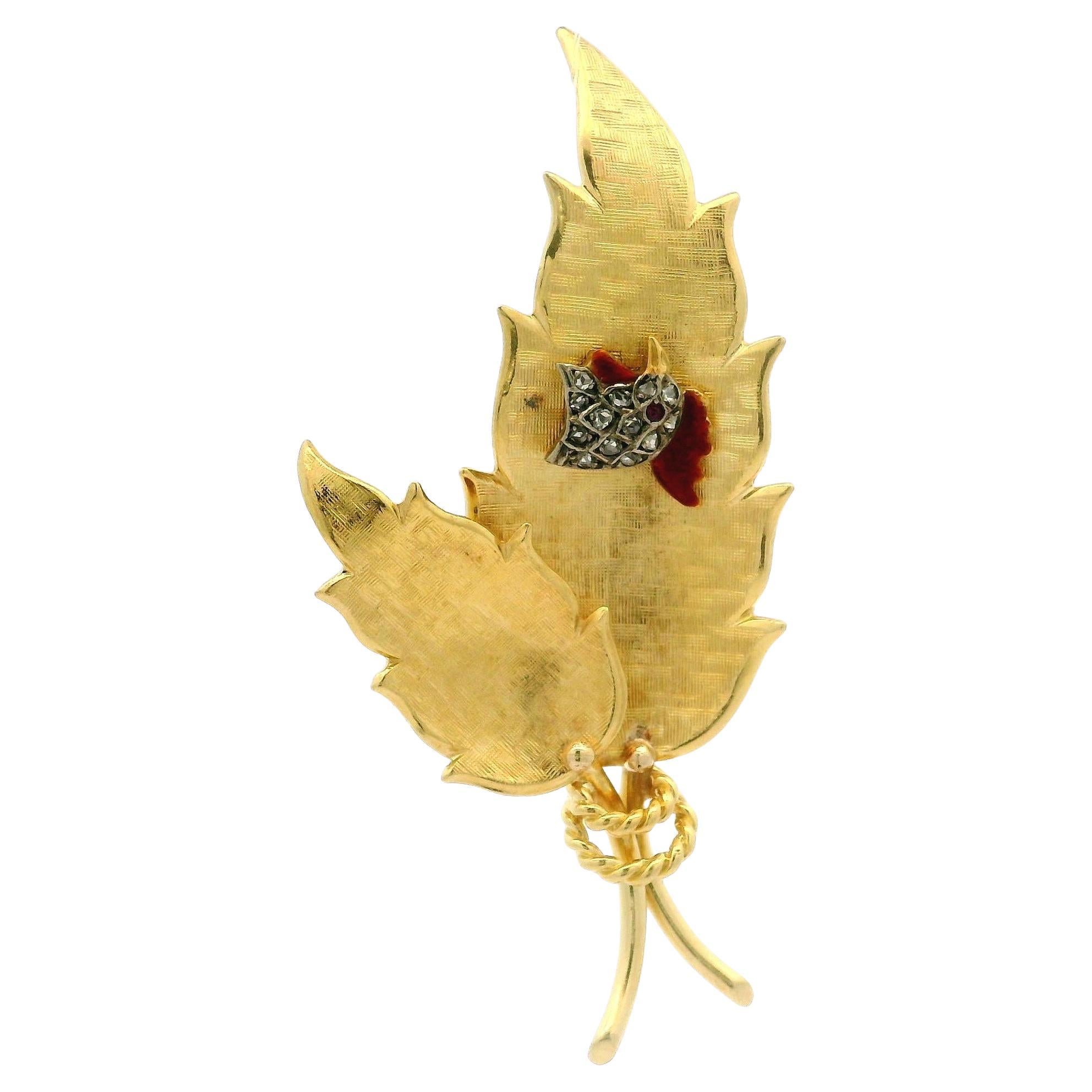 Yellow Gold Diamond & Ruby Enamel Work Textured Leaf Rooster Head Pin Brooch