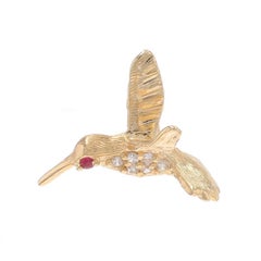 Vintage Yellow Gold Diamond & Ruby Flying Hummingbird Lapel Pin 14k Bird in Flight