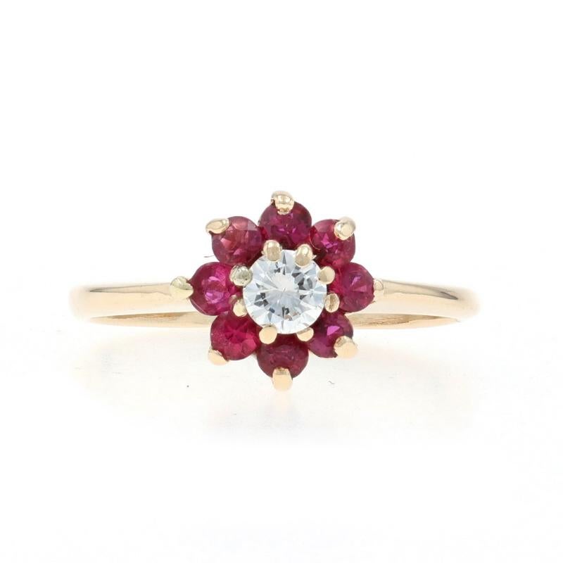 Yellow Gold Diamond Ruby Halo Ring - 14k Round Brilliant .57ctw Flower For Sale