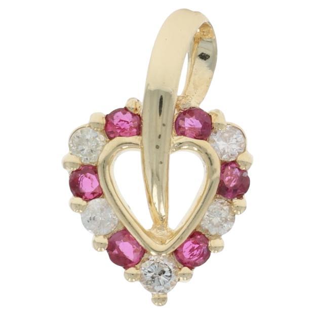 Yellow Gold Diamond Ruby Heart Pendant - 14k Round Brilliant .50ctw Love en vente