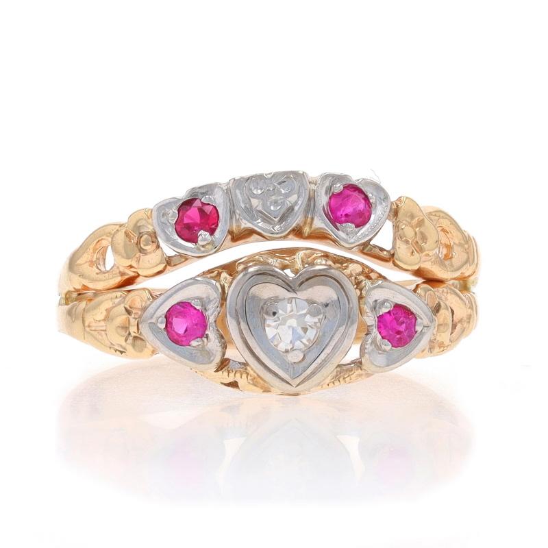 Size: 6 1/4
Sizing Fee: Up 2 sizes for $50 or Down 2 sizes for $40

Era: Retro

Metal Content: 14k Yellow Gold & 14k White Gold

Stone Information

Natural Diamonds
Carat(s): .04ct
Cut: Single
Color: H
Clarity: VS1

Lab Grown Ruby
Treatment: