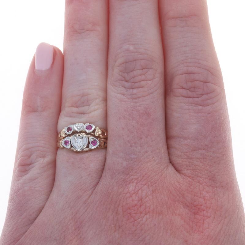 Single Cut Yellow Gold Diamond Ruby Retro Heart Ring - 14k Single .20ctw Love For Sale