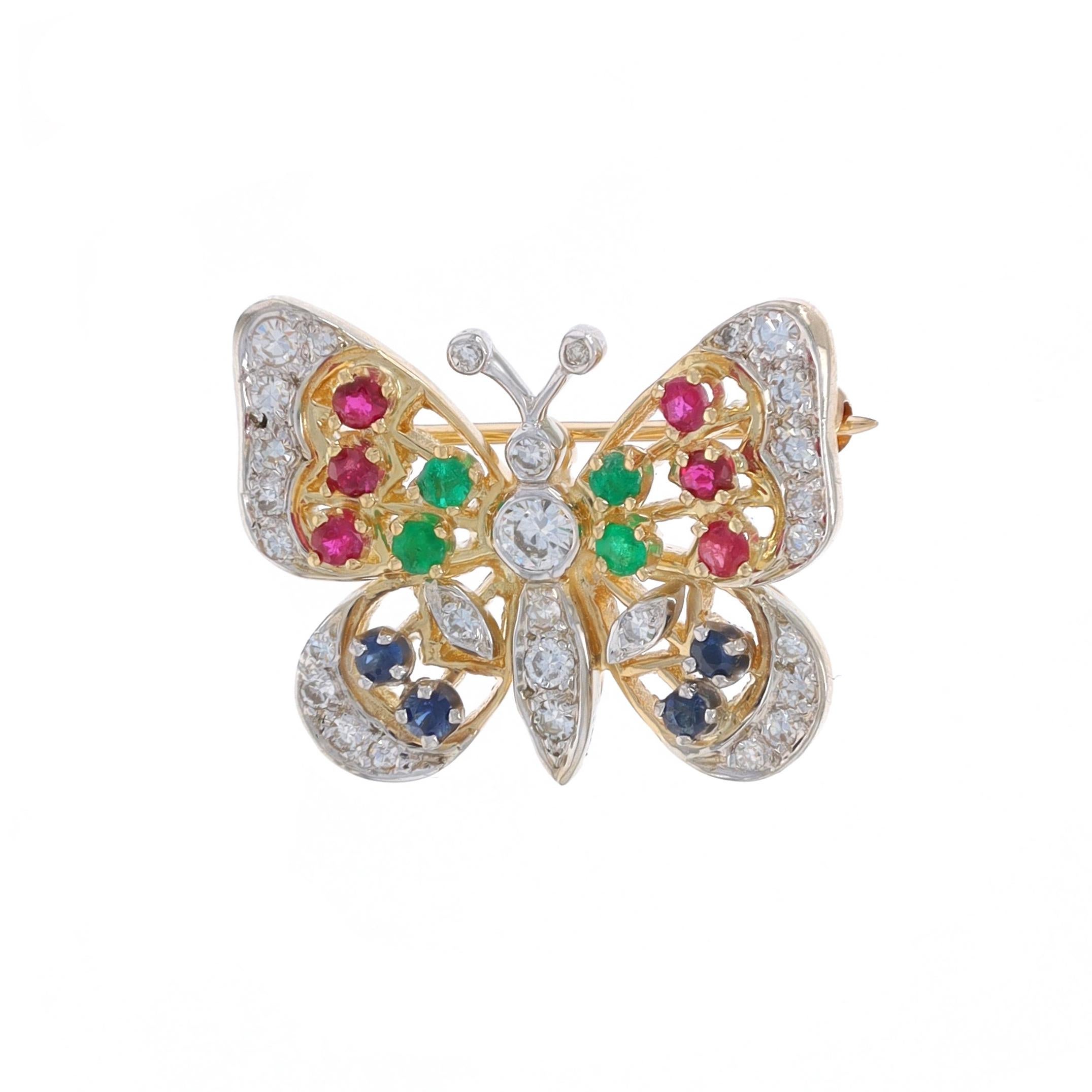 Oro Amarillo Diamante Rubí Zafiro Broche Mariposa - 14k Redondo .77ctw Alfiler Naturaleza en Excelente estado para la venta en Greensboro, NC