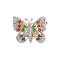 Yellow Gold Diamond Ruby Sapphire Butterfly Brooch - 14k Round .77ctw Nature Pin