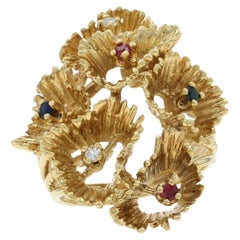 Yellow Gold Diamond Ruby Sapphire Cluster Ring - 18k Single Cut .20ctw