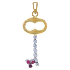 Yellow Gold Diamond Ruby Skeleton Key Pendant 18k Round Brilliant .13ctw