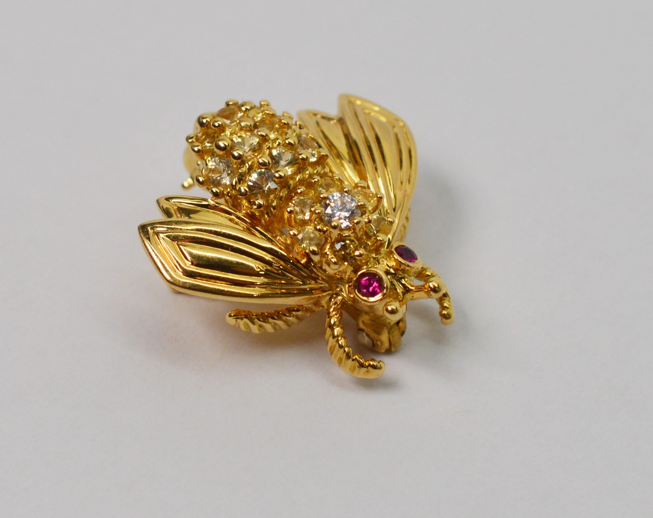 Yellow Gold, Diamond Ruby Tiffany and Co. Bumble Bee Pin Brooch at