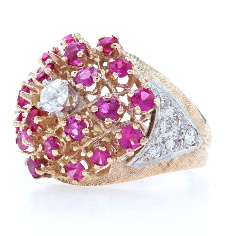 Old Mine Cut Yellow Gold Diamond and Ruby Vintage Cluster Cocktail Ring, 14k Mine Cut 3.18ctw