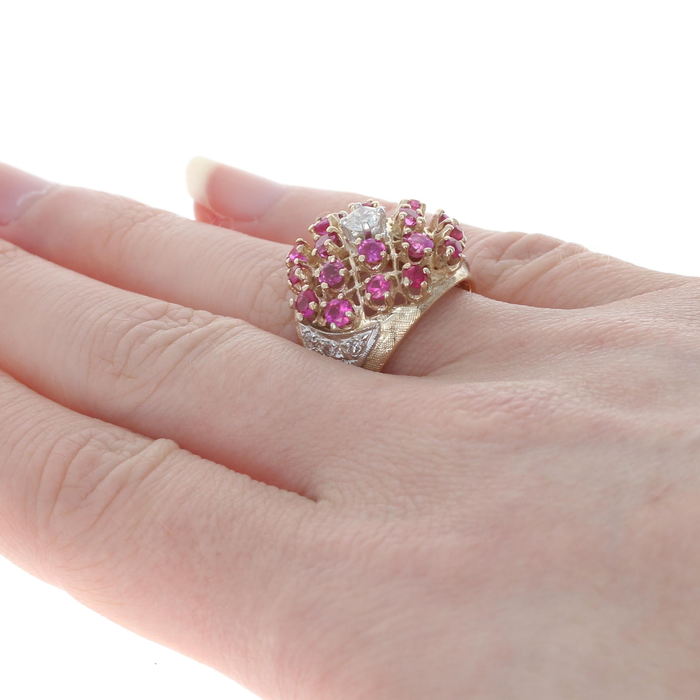 Yellow Gold Diamond and Ruby Vintage Cluster Cocktail Ring, 14k Mine Cut 3.18ctw In Excellent Condition In Greensboro, NC