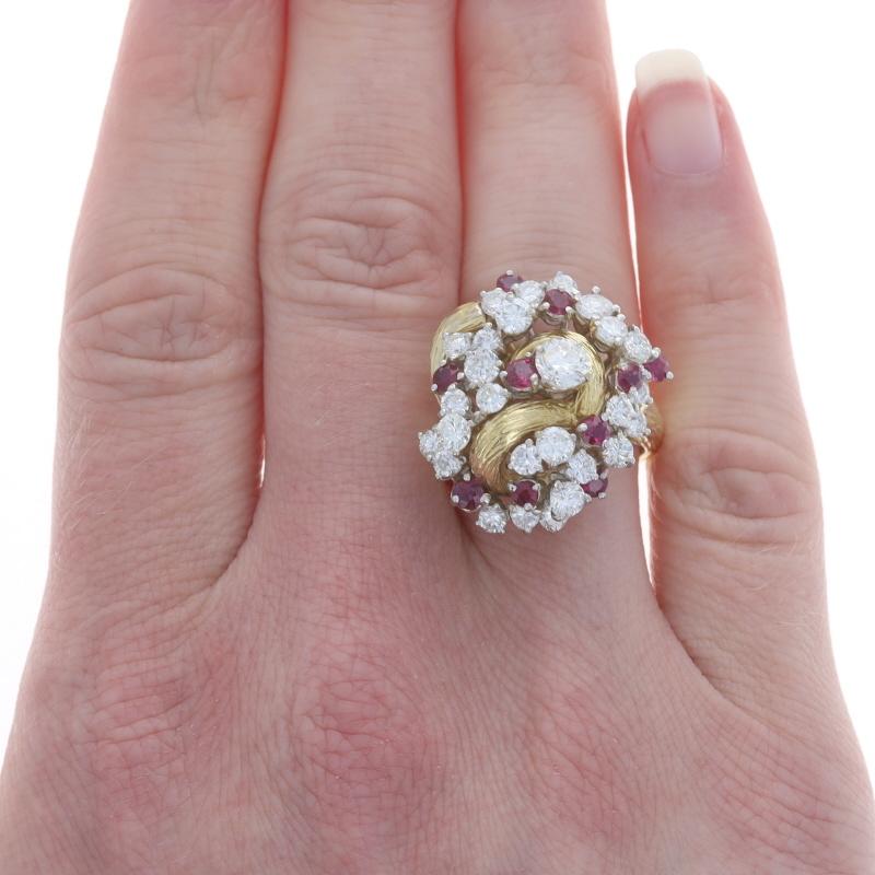 Round Cut Yellow Gold Diamond & Ruby Vintage Cluster Cocktail Ring - 18k Round 3.64ctw For Sale