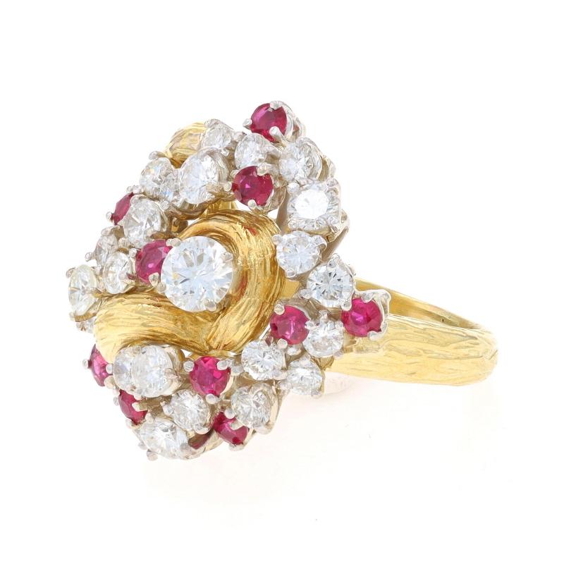Yellow Gold Diamond & Ruby Vintage Cluster Cocktail Ring - 18k Round 3.64ctw In Excellent Condition For Sale In Greensboro, NC