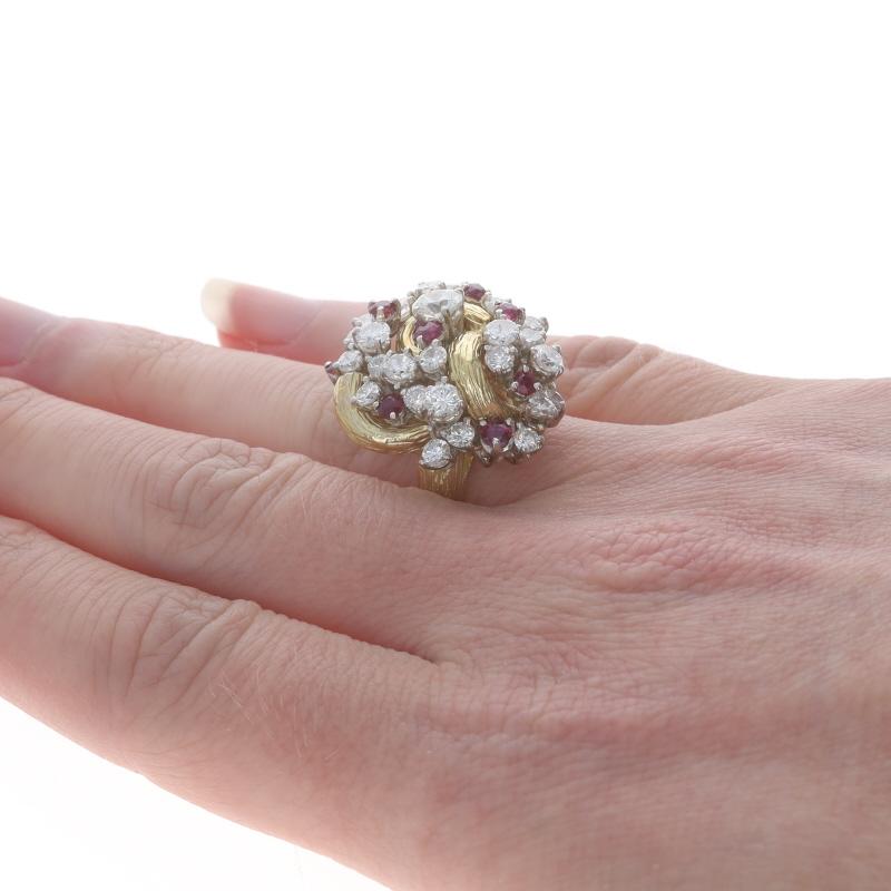 Women's Yellow Gold Diamond & Ruby Vintage Cluster Cocktail Ring - 18k Round 3.64ctw For Sale