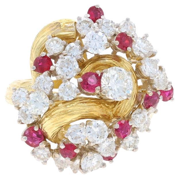 Yellow Gold Diamond & Ruby Vintage Cluster Cocktail Ring - 18k Round 3.64ctw For Sale