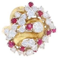 Yellow Gold Diamond & Ruby Vintage Cluster Cocktail Ring - 18k Round 3.64ctw