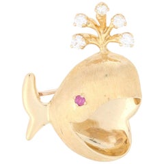 Yellow Gold Diamond and Ruby Whale Brooch, 18 Karat Round Brilliant .20ctw Pin
