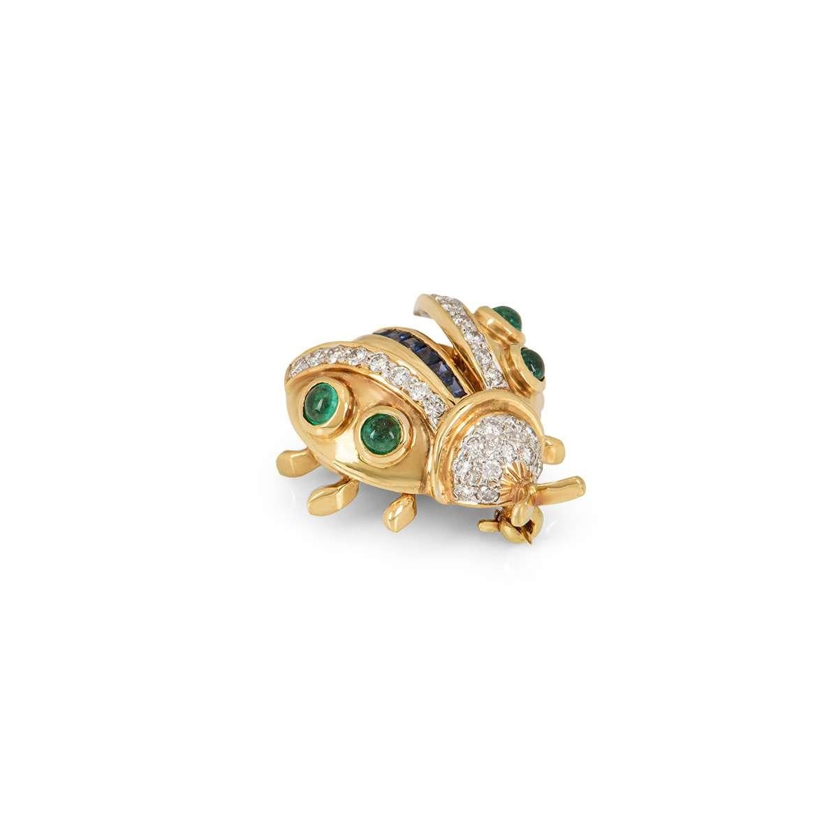Cabochon Yellow Gold Diamond, Sapphire and Emerald Ladybird Brooch For Sale