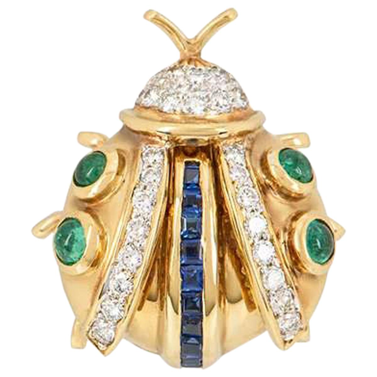 Yellow Gold Diamond, Sapphire and Emerald Ladybird Brooch For Sale