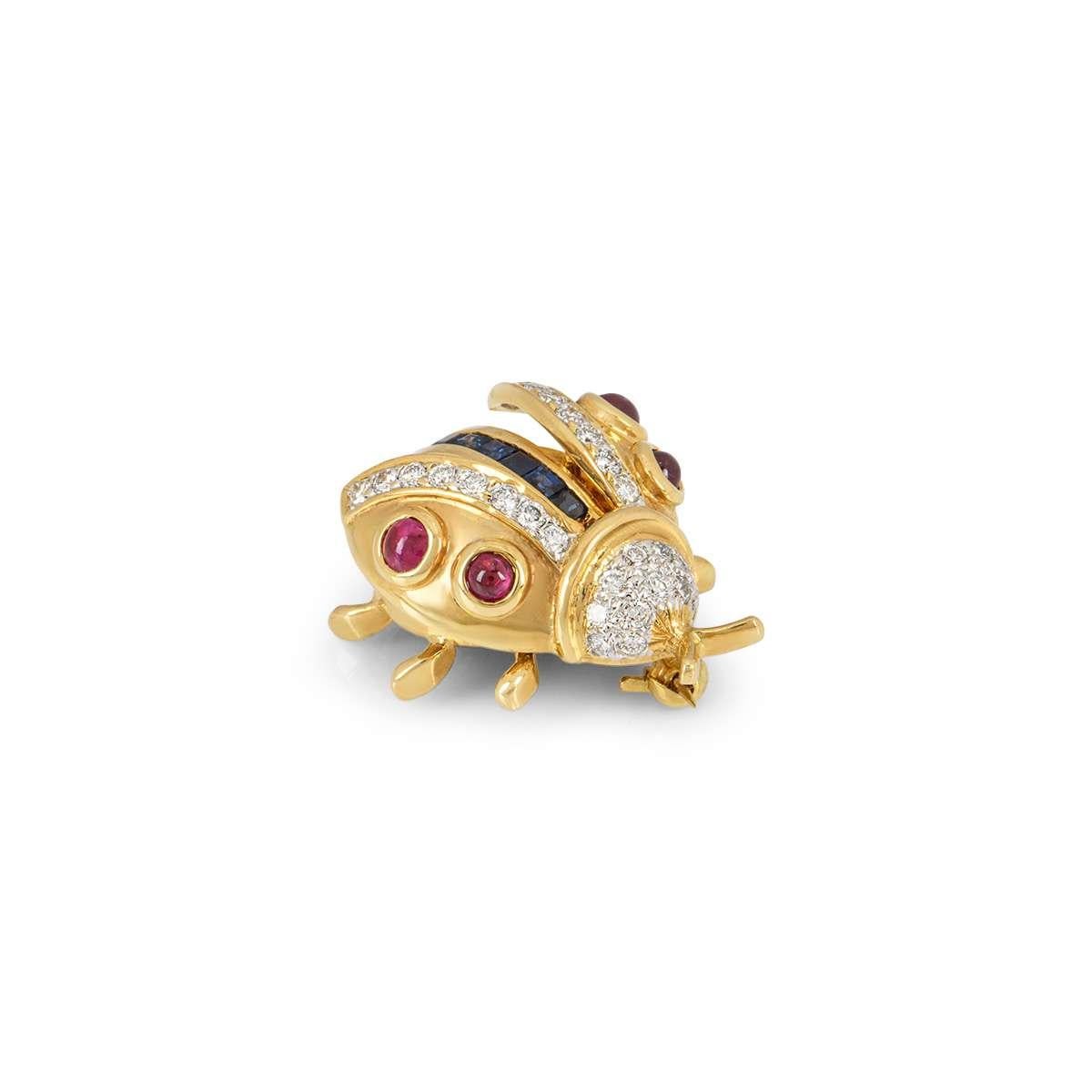 Round Cut Yellow Gold Diamond, Sapphire and Ruby Ladybird Brooch For Sale