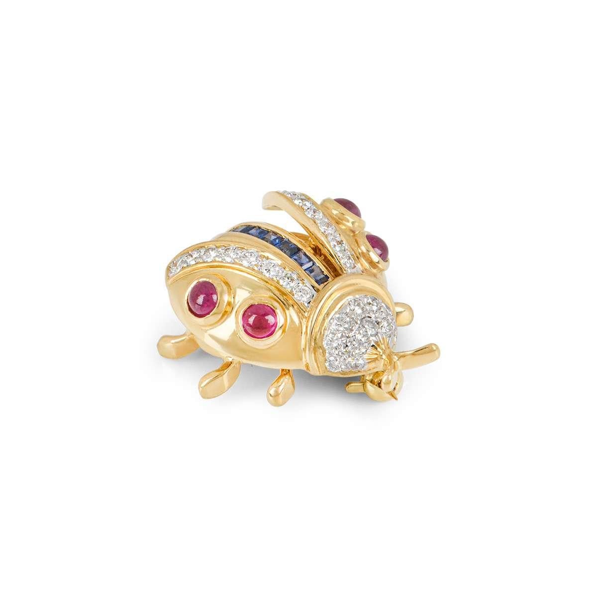 Square Cut Yellow Gold Diamond, Sapphire and Ruby Ladybird Brooch For Sale