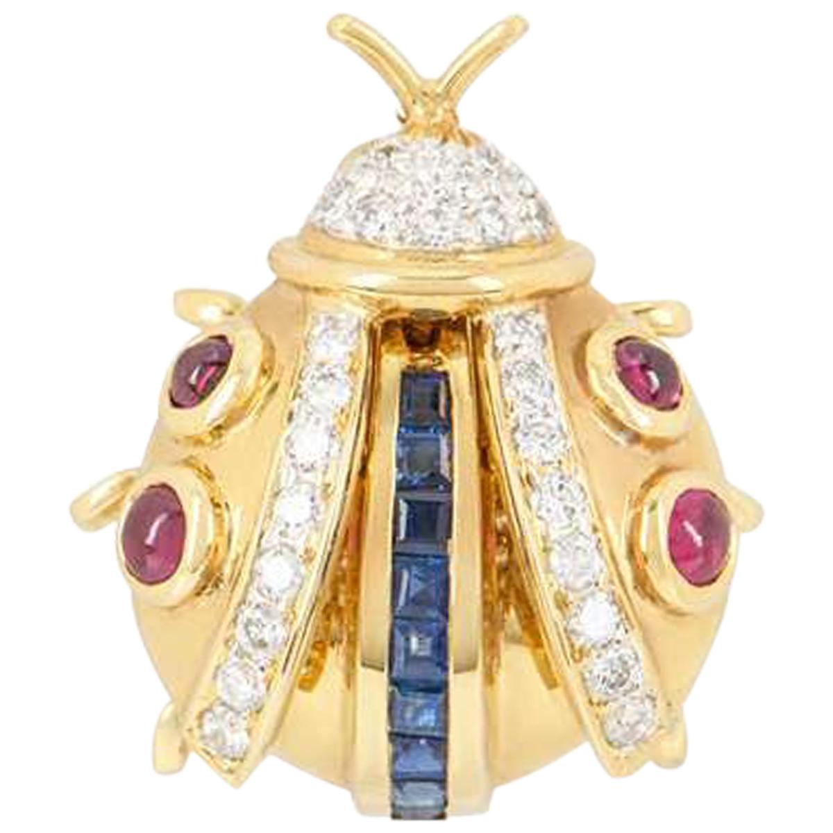 Yellow Gold Diamond, Sapphire and Ruby Ladybird Brooch