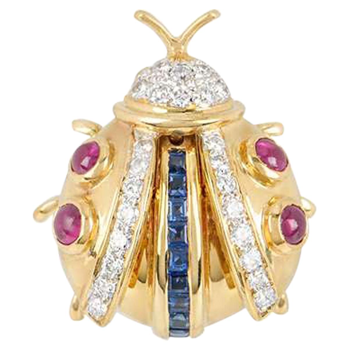 Yellow Gold Diamond, Sapphire and Ruby Ladybird Brooch For Sale