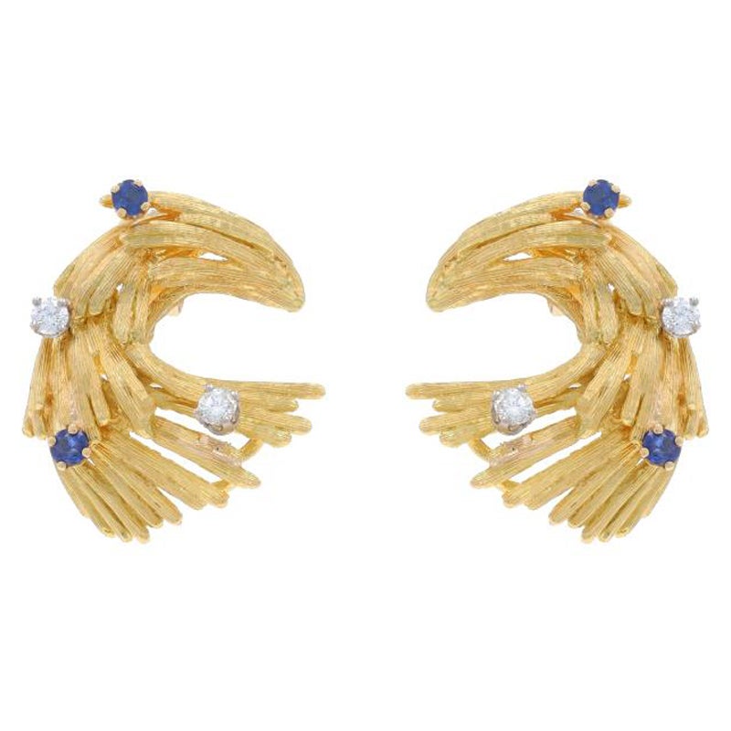Gelbgold Diamant Saphir Fächer Wellen geschwungene Tropfenohrringe 18k Rd .50ctw durchbohrt im Angebot