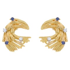 Yellow Gold Diamond Sapphire Fan Wave Curved Drop Earrings 18k Rd .50ctw Pierced