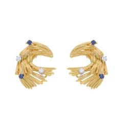 Yellow Gold Diamond Sapphire Fan Wave Curved Drop Earrings 18k Rd .50ctw Pierced