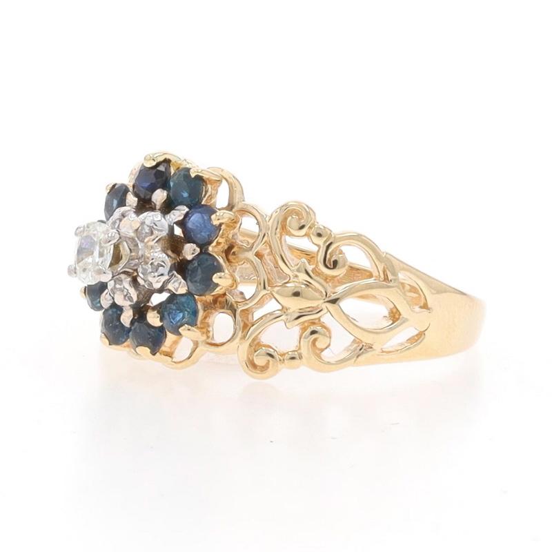 Yellow Gold Diamond & Sapphire Halo Ring - 10k Oval .71ctw Flower In Excellent Condition For Sale In Greensboro, NC