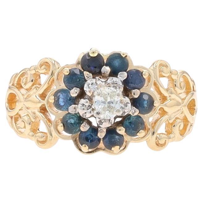 Yellow Gold Diamond & Sapphire Halo Ring - 10k Oval .71ctw Flower For Sale