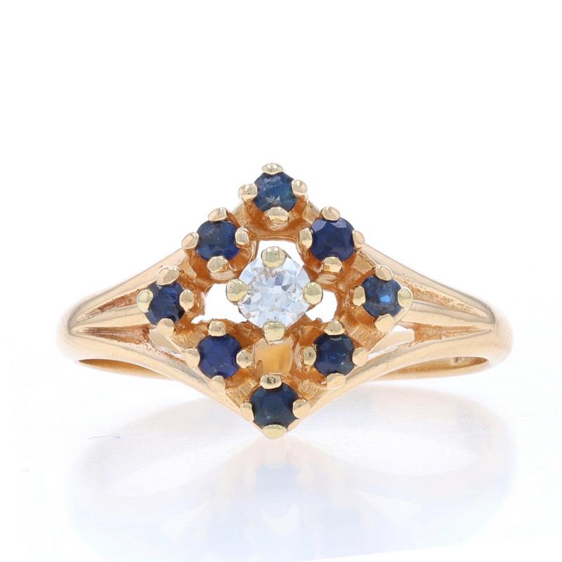 Size: 6 3/4
Sizing Fee: Up 3 sizes for $40 or Down 3 sizes for $30

Metal Content: 14k Yellow Gold

Stone Information

Natural Diamond
Carat(s): .10ct
Cut: Round Brilliant
Color: G
Clarity: VS2

Natural Sapphires
Treatment: Heating
Carat(s):