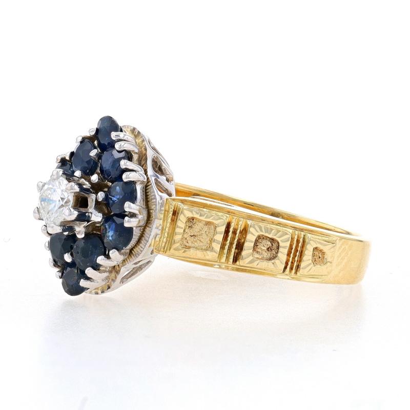 Round Cut Yellow Gold Diamond & Sapphire Halo Ring - 18k Round Brilliant 1.28ctw For Sale