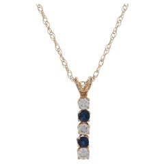Yellow Gold Diamond & Sapphire Pendant Necklace 14k Round Cut .34ctw