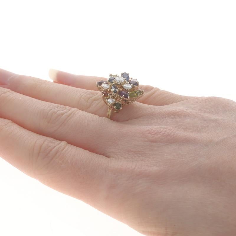 Yellow Gold Diamond Sapphire Peridot Cluster Cocktail Ring 14k Rd 2.55ctw Floral In Excellent Condition In Greensboro, NC