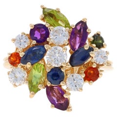 Yellow Gold Diamond Sapphire Peridot Cluster Cocktail Ring 14k Rd 2.55ctw Floral