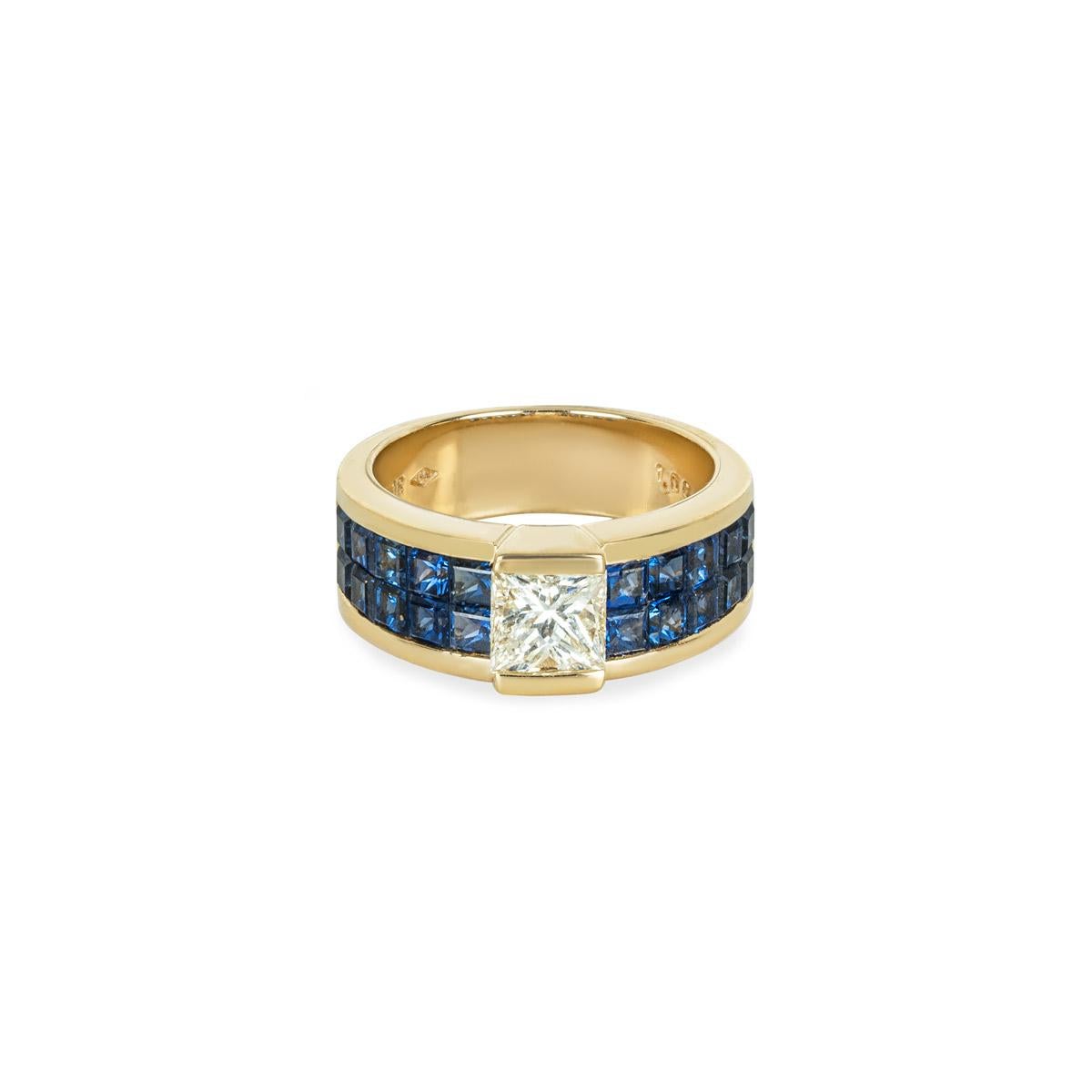 Princess Cut Yellow Gold Diamond & Sapphire Ring 1.06ct For Sale
