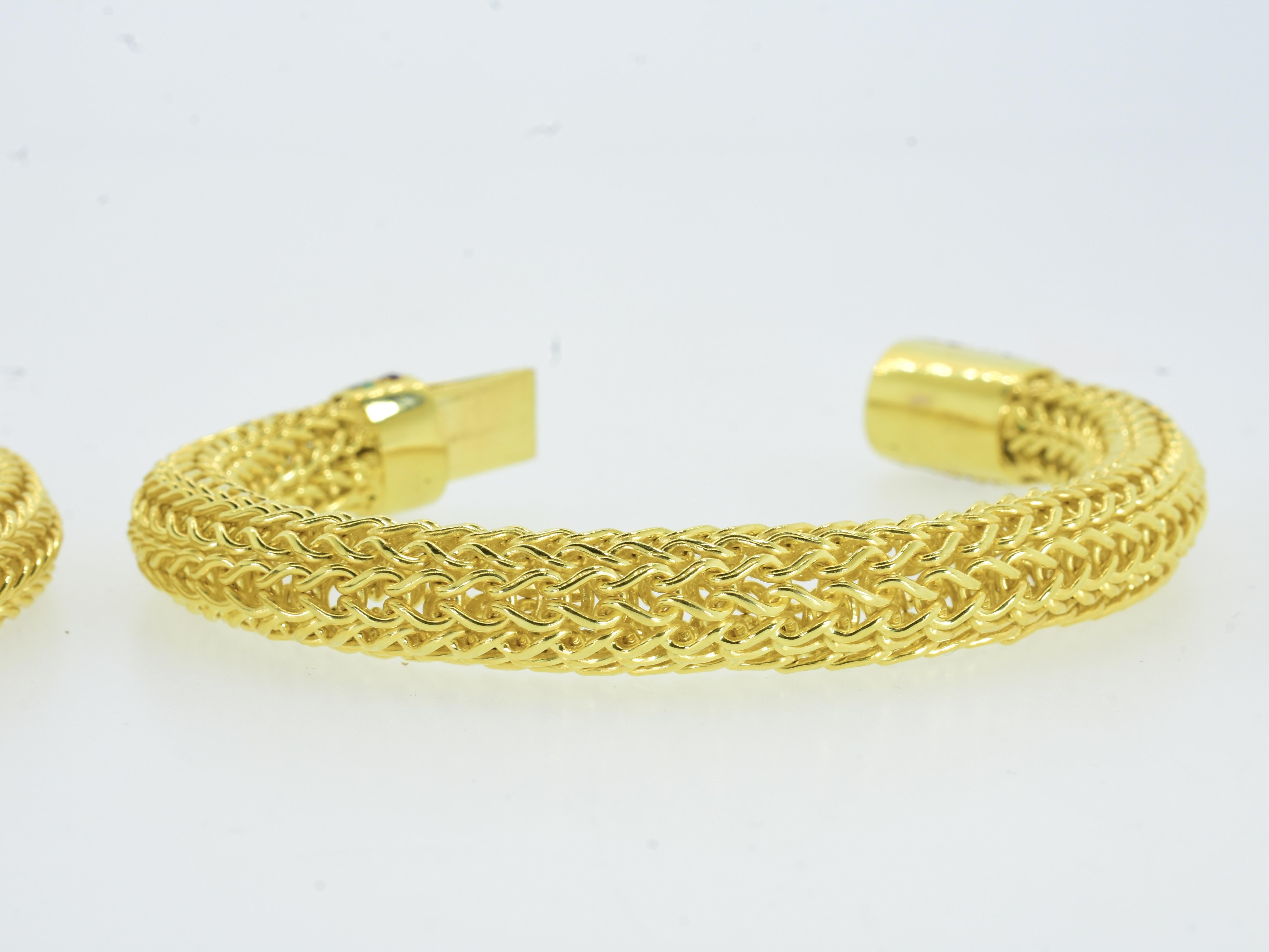 Yellow Gold, Diamond, Sapphire, Ruby & Emerald Pair of Vintage Bracelets c 1960s For Sale 6