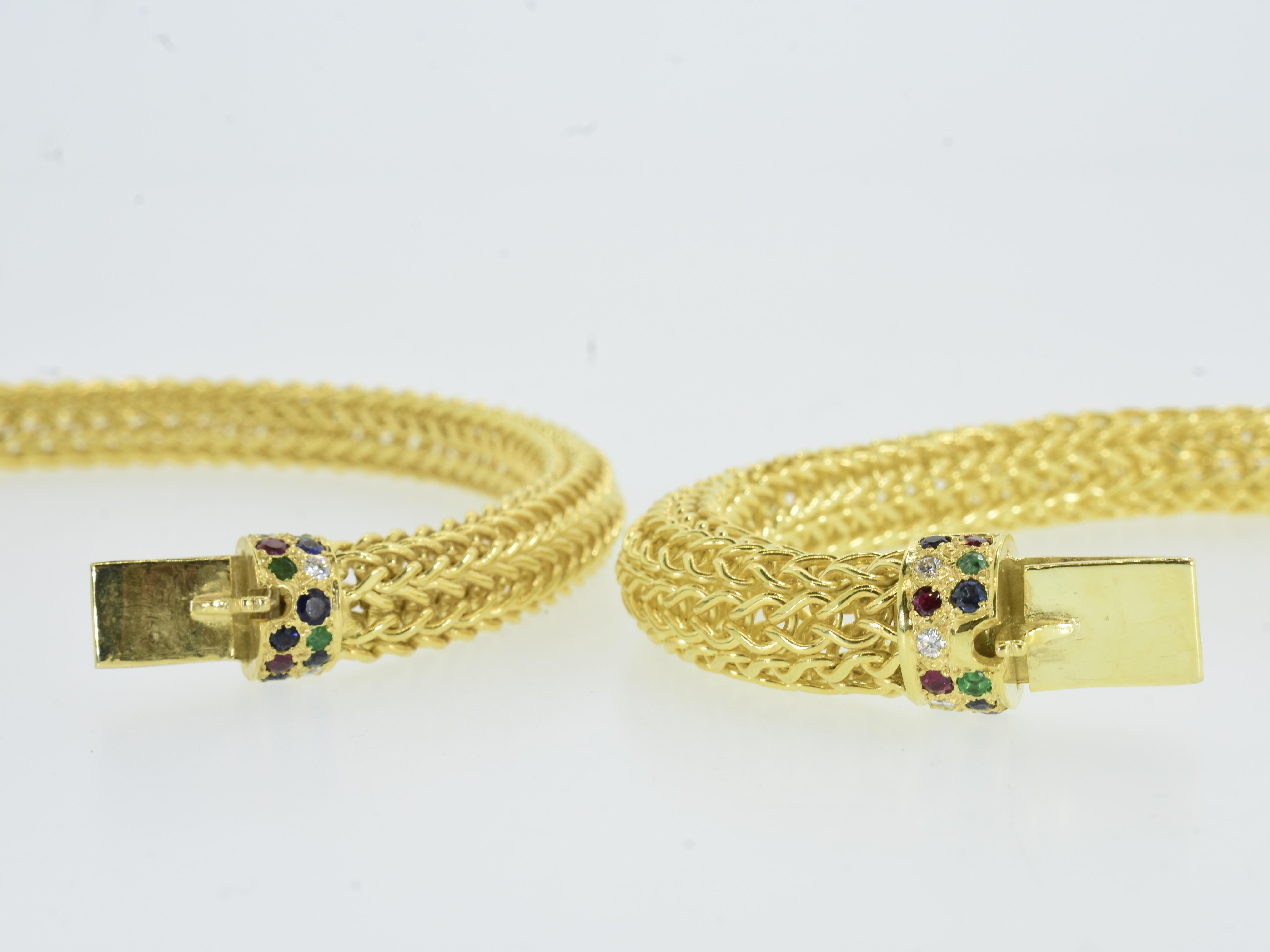 Yellow Gold, Diamond, Sapphire, Ruby & Emerald Pair of Vintage Bracelets c 1960s For Sale 9