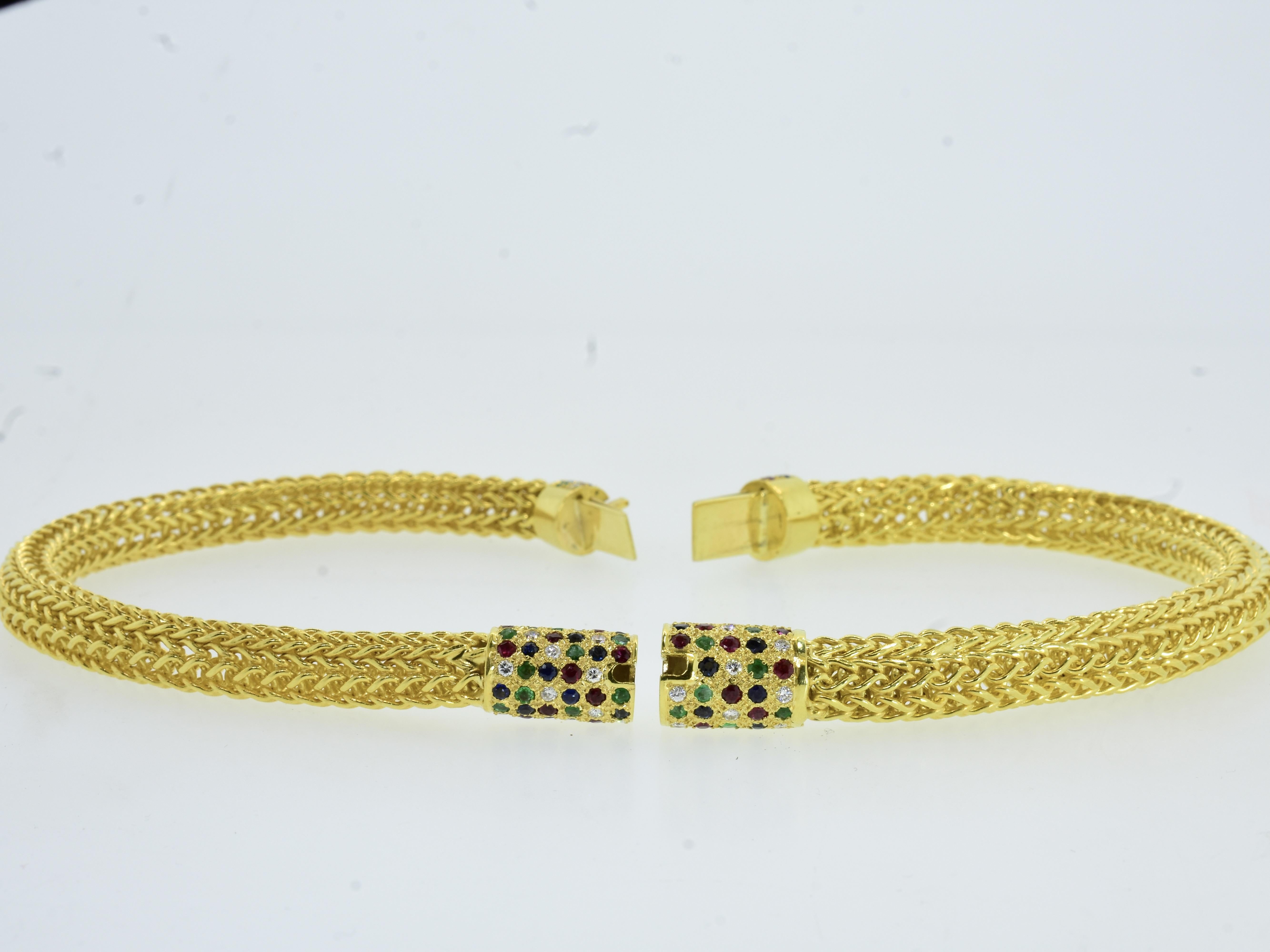 Yellow Gold, Diamond, Sapphire, Ruby & Emerald Pair of Vintage Bracelets c 1960s For Sale 11