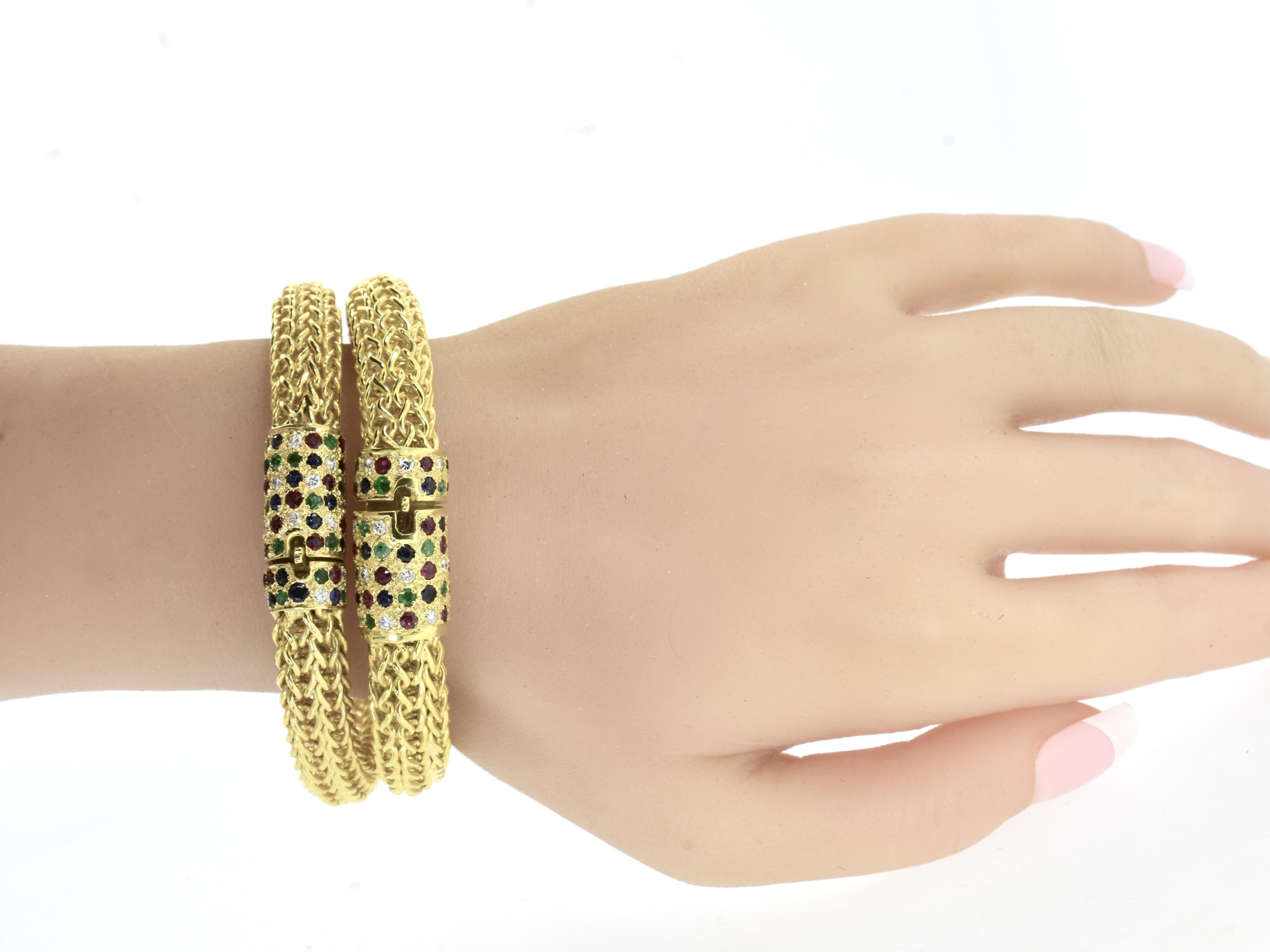 Contemporary Yellow Gold, Diamond, Sapphire, Ruby & Emerald Pair of Vintage Bracelets c 1960s