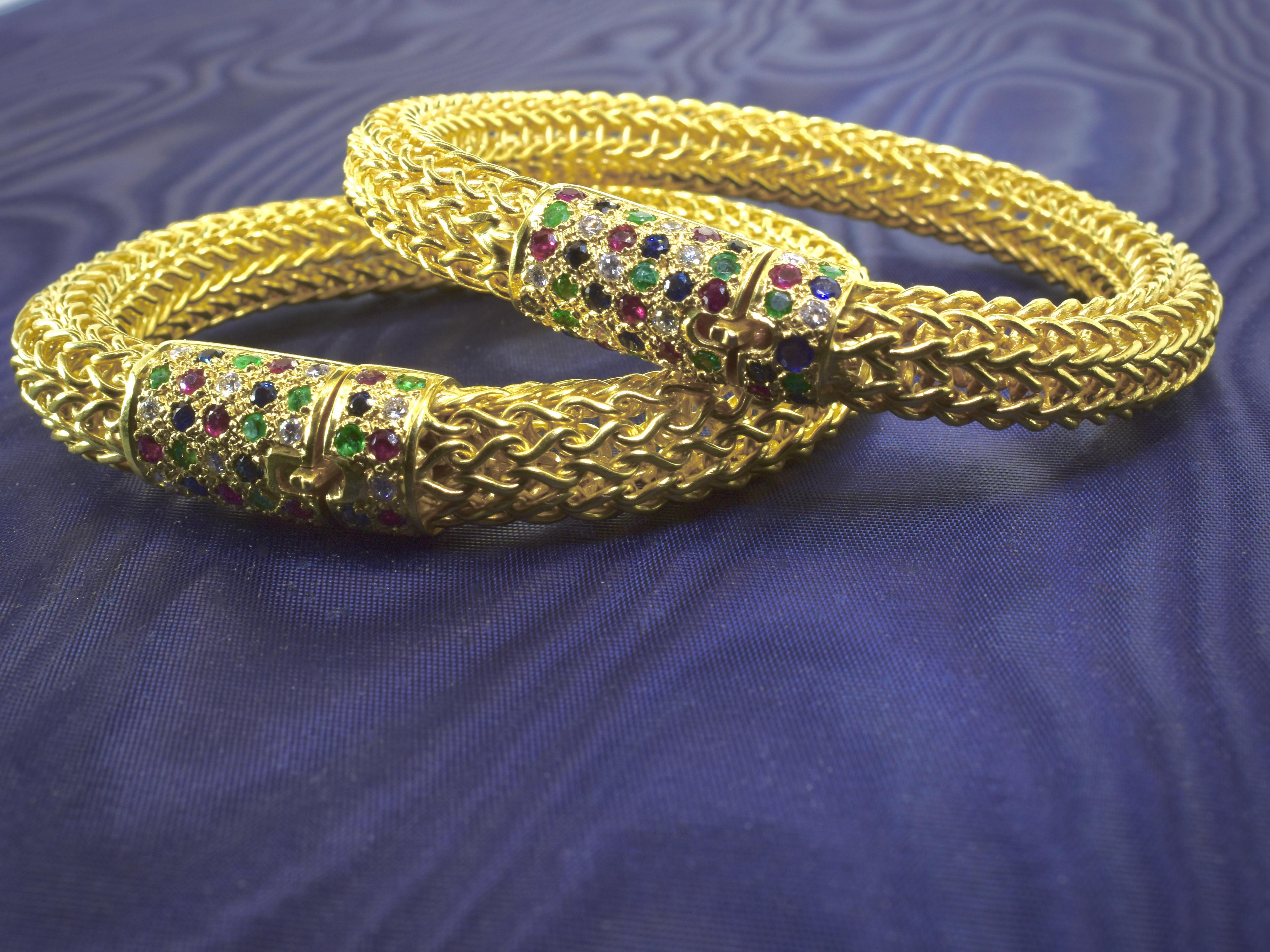 Yellow Gold, Diamond, Sapphire, Ruby & Emerald Pair of Vintage Bracelets c 1960s For Sale 3