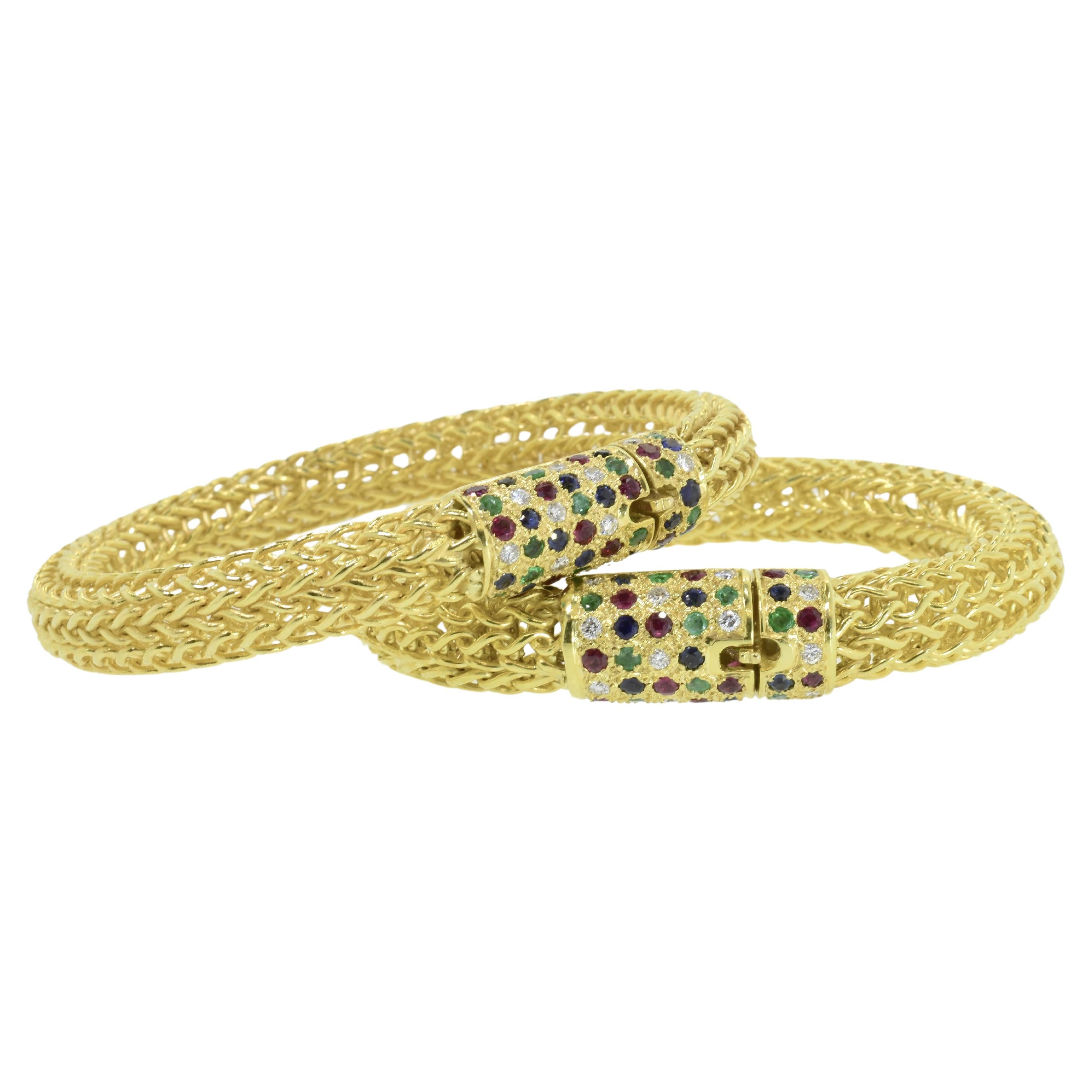 Yellow Gold, Diamond, Sapphire, Ruby & Emerald Pair of Vintage Bracelets c 1960s For Sale