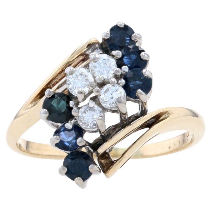 Yellow Gold Diamond & Sapphire Waterfall Cluster Bypass Ring - 14k Round .68ctw